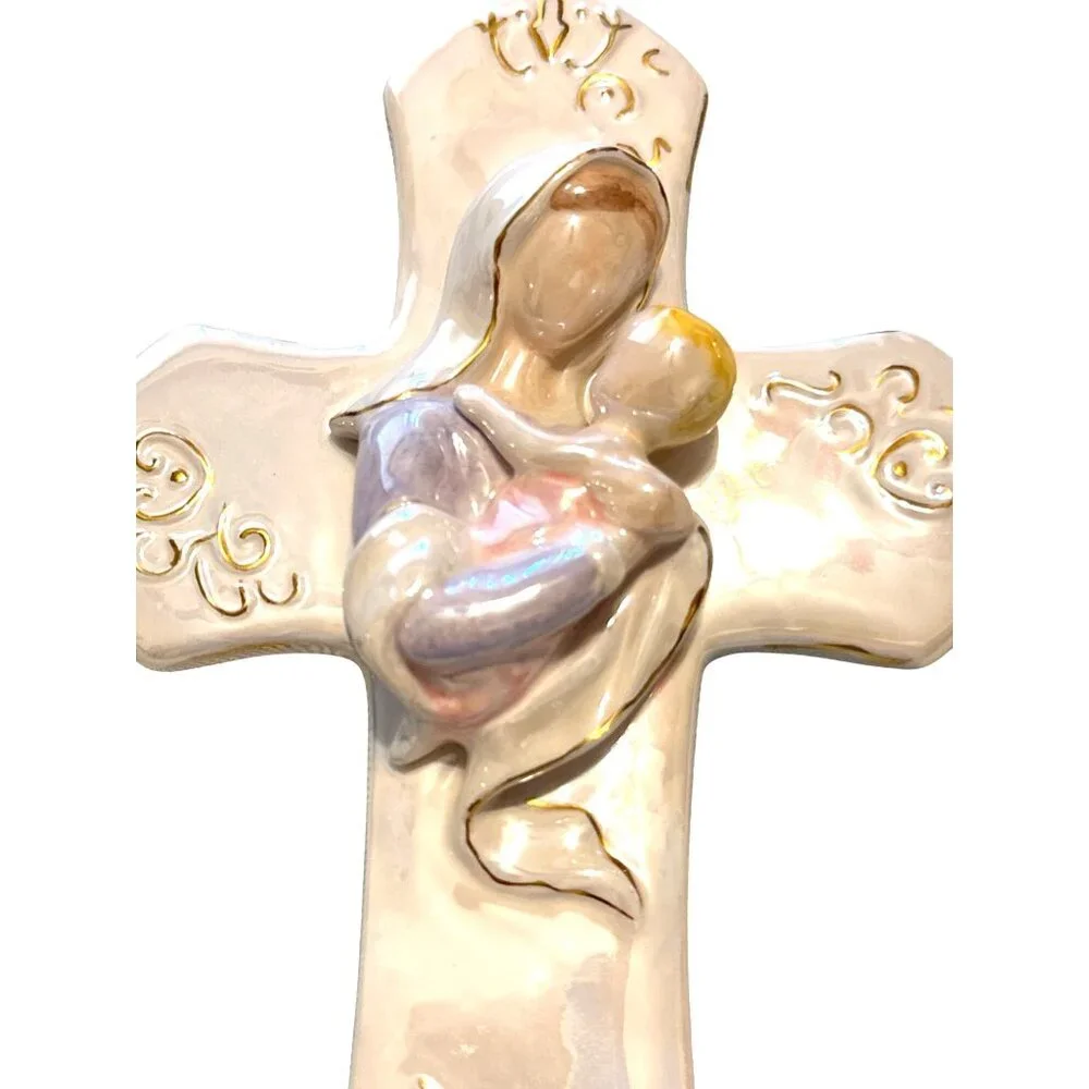 Vintage Iridescent Mother & Child Cross Wall Hanging Gold Accents 10" - Picture 4 of 7